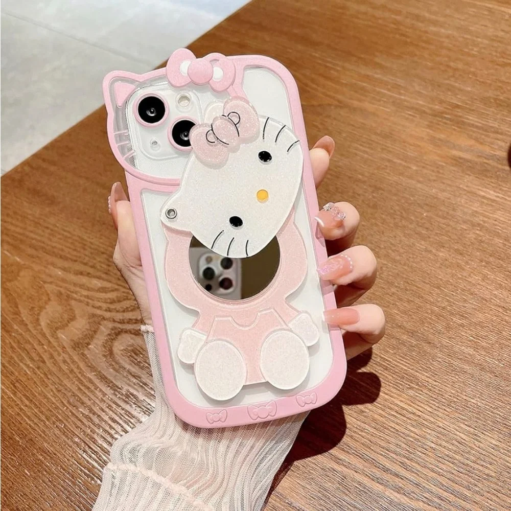 for iPhone 14 Pro Kawaii Cartoon Cute Pink Phone Case with Mirror